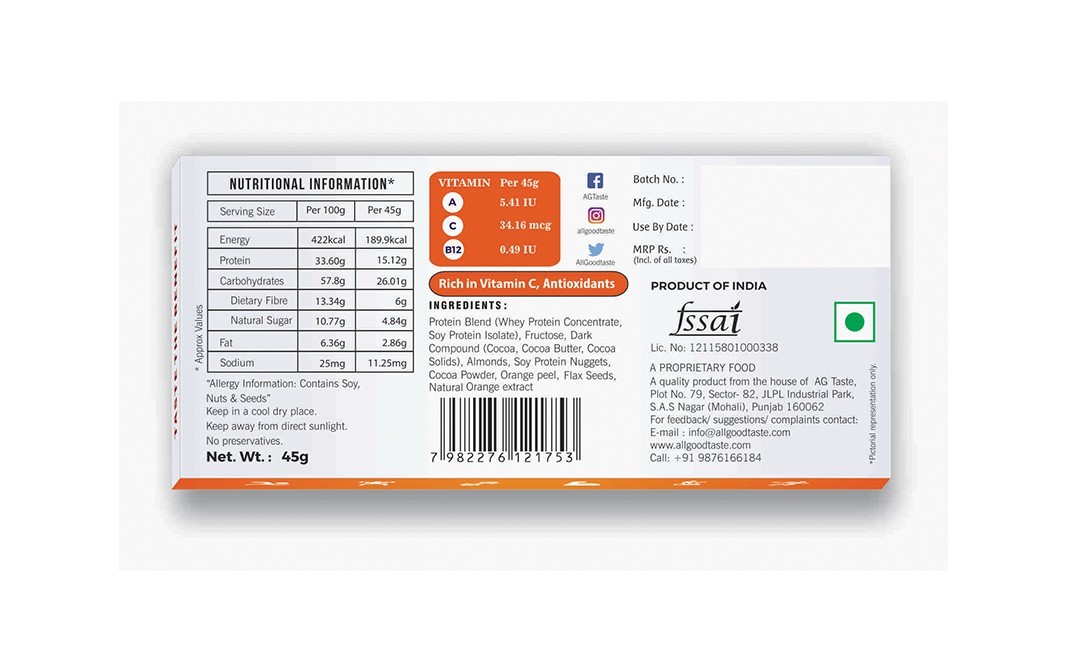 All Good Taste Protein Bar Chocolate Orange Almond   Box  45 grams